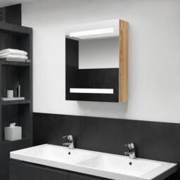 Berkfield Home LED Bathroom Mirror Cabinet Oak 50x14x60 cm in Brown - Size: 50 x 14 x 60 cm - thumbnail 2