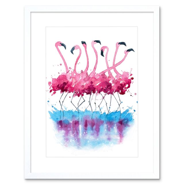 "Artery8 Wall Art Print Flamingos Dancing Watercolour Art Framed 9x7 inch in White - Size: W7"" x H9""" - image 1