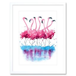 "Artery8 Wall Art Print Flamingos Dancing Watercolour Art Framed 9x7 inch in White - Size: W7"" x H9""" - thumbnail 1