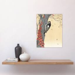 "Artery8 Spotted Woodpecker Tree Red Ivy Vintage Wall Art Print Koson in Orange - Size: W12"" x H16""" - thumbnail 4