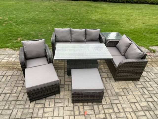 Fimous Rattan Outdoor Furniture Garden Dining Set Patio Height Adjustable Rising lifting Table Reclining Chair Sofa With 2 Big Footstool in Dark Grey - image 1