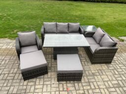 Fimous Rattan Outdoor Furniture Garden Dining Set Patio Height Adjustable Rising lifting Table Reclining Chair Sofa With 2 Big Footstool in Dark Grey - thumbnail 1