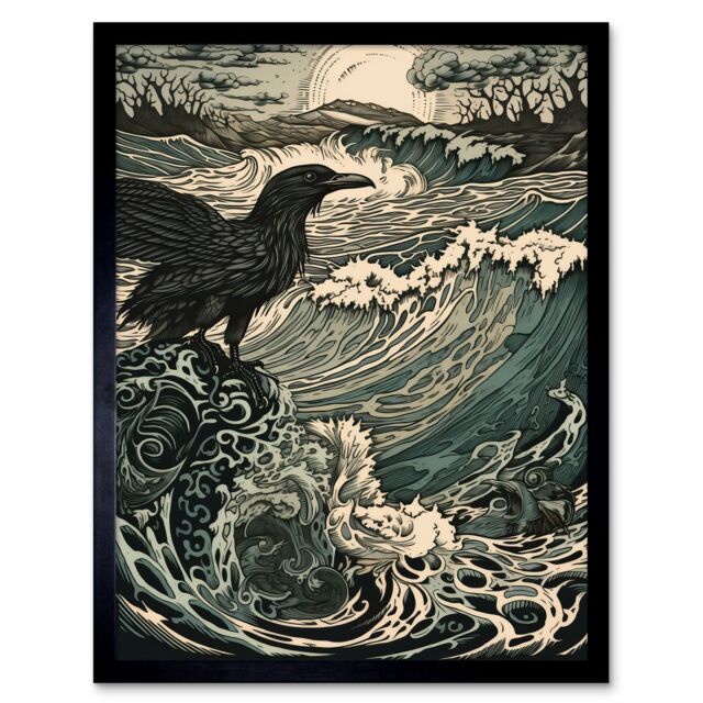 "Artery8 Wall Art Print Raven & Crashing Waves Coastal Sunrise Landscape Art Framed in Black - Size: W12"" x H16""" - image 1