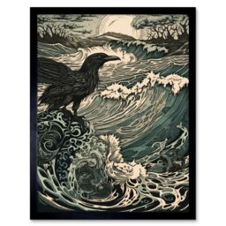 "Artery8 Wall Art Print Raven & Crashing Waves Coastal Sunrise Landscape Art Framed in Black - Size: W12"" x H16""" - thumbnail 1