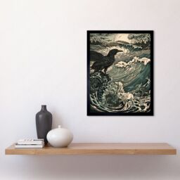 "Artery8 Wall Art Print Raven & Crashing Waves Coastal Sunrise Landscape Art Framed in Black - Size: W12"" x H16""" - thumbnail 2