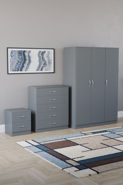Home Discount Riano 3Pc Bedroom Set - 2 Drawer Bedside, 5 Drawer Chest & Wardrobe in Grey - image 1