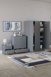 Home Discount Riano 3Pc Bedroom Set - 2 Drawer Bedside, 5 Drawer Chest & Wardrobe in Grey - thumbnail 2
