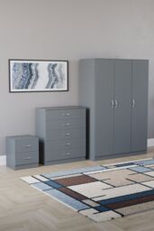 Home Discount Riano 3Pc Bedroom Set - 2 Drawer Bedside, 5 Drawer Chest & Wardrobe in Grey - thumbnail 1