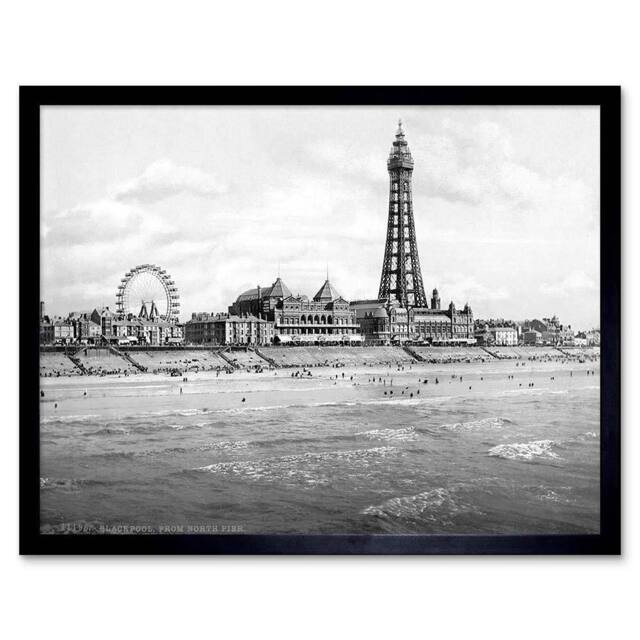 "Artery8 View From North Pier Blackpool Lancashire 1895 Old BW Framed Art Print in Grey - Size: W12"" x H16""" - image 1