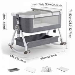 VOGREX Adjustable Height Baby Bedside Sleeper Crib Breathable Mesh in Grey - thumbnail 2