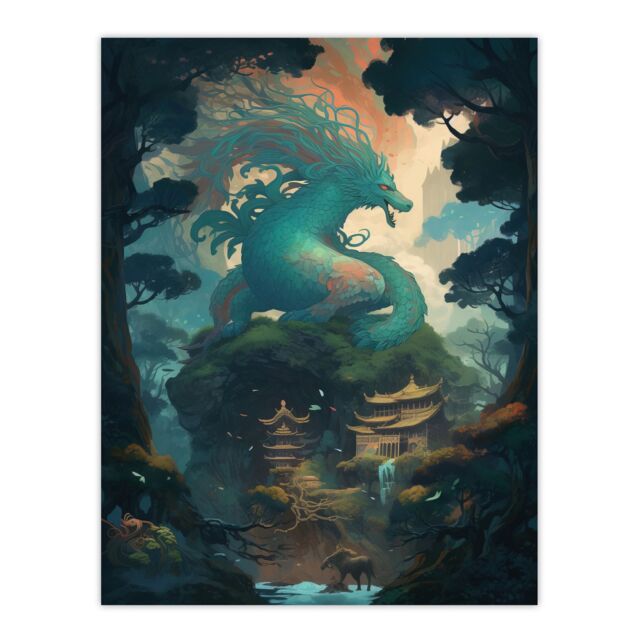 Artery8 Wall Art Print Japan Blue Dragon over Temples Concept Art Painting Green Orange Blue Azure Mythical Creature Guardian Spirit Lush Forest - image 1