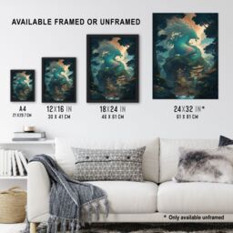Artery8 Wall Art Print Japan Blue Dragon over Temples Concept Art Painting Green Orange Blue Azure Mythical Creature Guardian Spirit Lush Forest - thumbnail 3