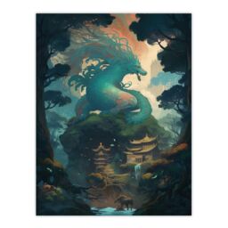 Artery8 Wall Art Print Japan Blue Dragon over Temples Concept Art Painting Green Orange Blue Azure Mythical Creature Guardian Spirit Lush Forest - thumbnail 1