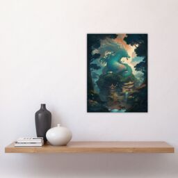 Artery8 Wall Art Print Japan Blue Dragon over Temples Concept Art Painting Green Orange Blue Azure Mythical Creature Guardian Spirit Lush Forest - thumbnail 4