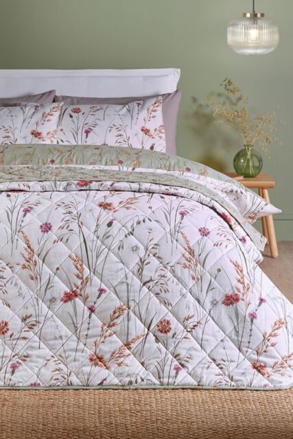Catherine Lansfield 'Brushed Grasmere Floral' Cotton Reversible Quilted Bedspread in Green - image 1
