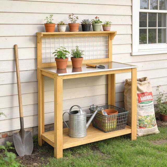 OUTSUNNY Wooden Potting Bench Table with Aluminium Worktop in Natural - image 1