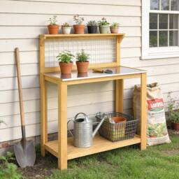 OUTSUNNY Wooden Potting Bench Table with Aluminium Worktop in Natural - thumbnail 1