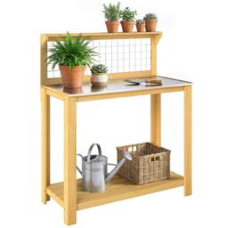 OUTSUNNY Wooden Potting Bench Table with Aluminium Worktop in Natural - thumbnail 2