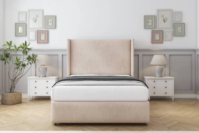 "Comfort Beds Ayla Naples Divan Base No Drawers - 54"" Wingback-Footboard in Light Sand - Size: Double" - image 1