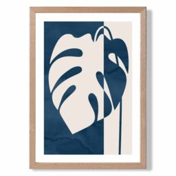 ARTZE Navy Blue Monstera Mid Century Tropical Framed Print SIZE: A2 with Oak Frame - Size: A4 - thumbnail 1