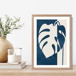 ARTZE Navy Blue Monstera Mid Century Tropical Framed Print SIZE: A2 with Oak Frame - Size: A4 - thumbnail 2