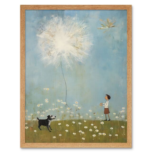 Artery8 Wall Art Print Chasing the Giant Dandelion Dream Artwork Giant Wish Oil Painting Kids Bedroom Child & Pet Dog in Daisy Field Art Framed - image 1