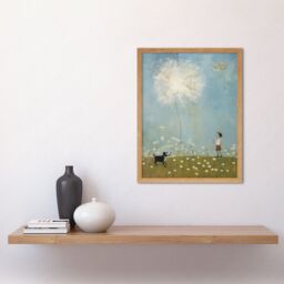 Artery8 Wall Art Print Chasing the Giant Dandelion Dream Artwork Giant Wish Oil Painting Kids Bedroom Child & Pet Dog in Daisy Field Art Framed - thumbnail 2