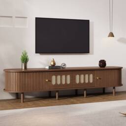 "Merax Walnut Oval TV Unit with 2 Rattan Drawers & Roller Doors for 80 "" TVs" - thumbnail 2
