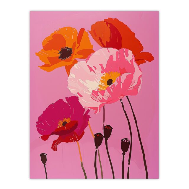 "Artery8 Wall Art Print Poppy Flower Blooms Orange Pink Floral Design Poster - Size: W24"" x H32""" - image 1