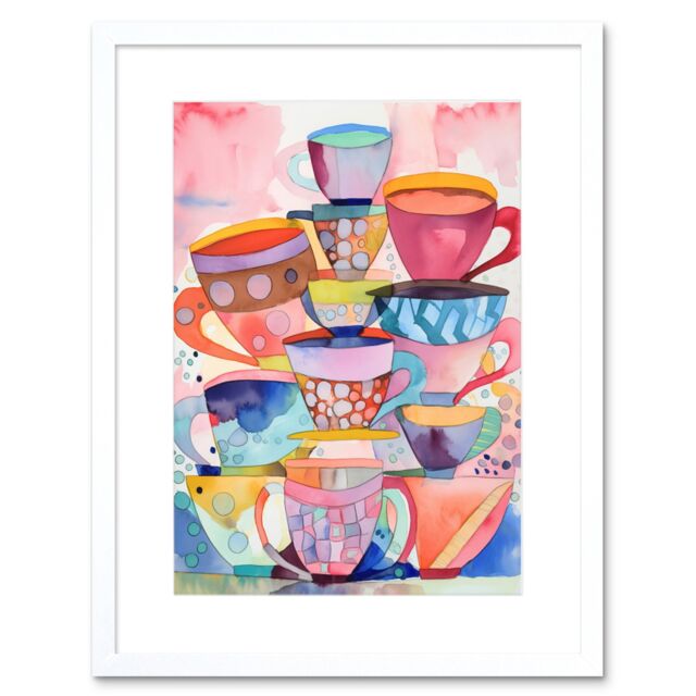 "Artery8 Wall Art Print Abstract Kitchen Cups & Saucers Folk Artwork Framed 9X7 Inch in White - Size: W7"" x H9""" - image 1