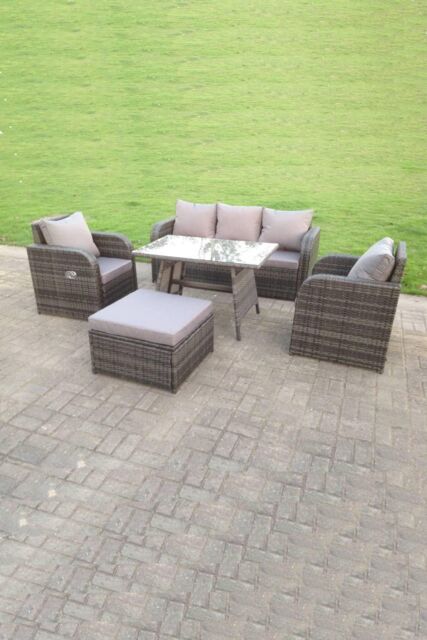 Fimous PE Rattan Garden Furniture Set Adjustable Chair Sofa Lounge 3 Seater Sofa Oblong Rectangular Dining Table Footstool in Dark Grey - image 1