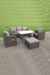 Fimous PE Rattan Garden Furniture Set Adjustable Chair Sofa Lounge 3 Seater Sofa Oblong Rectangular Dining Table Footstool in Dark Grey - thumbnail 2