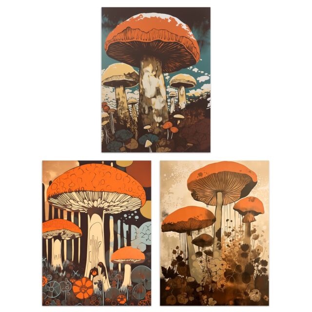 Artery8 Set of 3 Earthy Orange Mushrooms Ceps Wild Edible Fungi Botanical Aesthetic Unframed Wall Art Living Room Poster Prints Pack - Size: A4 - image 1