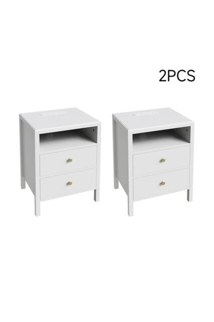 Living and Home 2Pcs Bedside Tables with Charging Station & Drawers in White - image 1