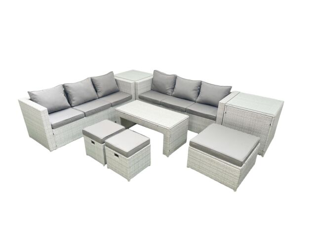 Fimous 9 Seater Garden Outdoor Rattan Furniture Set Rattan Garden Sofa Oblong Coffee Table with 3 Footstools 2 Side Tables Light Grey Mixed - image 1