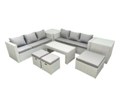 Fimous 9 Seater Garden Outdoor Rattan Furniture Set Rattan Garden Sofa Oblong Coffee Table with 3 Footstools 2 Side Tables Light Grey Mixed - thumbnail 2