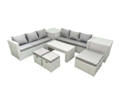 Fimous 9 Seater Garden Outdoor Rattan Furniture Set Rattan Garden Sofa Oblong Coffee Table with 3 Footstools 2 Side Tables Light Grey Mixed - thumbnail 1
