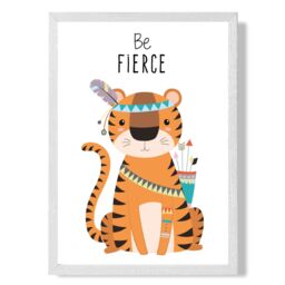 ARTZE Be Fierce Tiger Tribal Animal Quote Framed Print SIZE: A3 with White Frame in Orange - Size: A4 - thumbnail 1