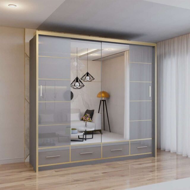 Sliding Wardrobes 4U Modern High Gloss Sliding Wardrobe with LED Light 203cm x 220cm in Grey - Size: 203 cm x 220 cm - image 1