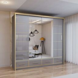Sliding Wardrobes 4U Modern High Gloss Sliding Wardrobe with LED Light 203cm x 220cm in Grey - Size: 203 cm x 220 cm - thumbnail 1