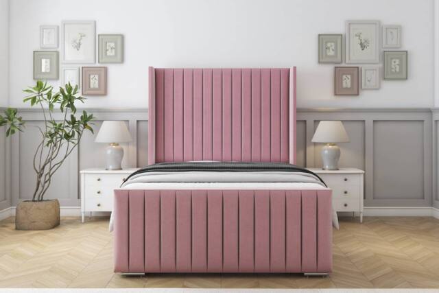 "Sloomy Marlborough Plush Bed Frame With 50"" Upholstered Wingback Headboard in Pink - Size: Small Double" - image 1