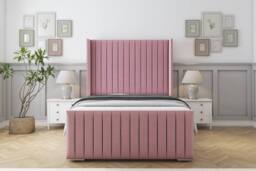 "Sloomy Marlborough Plush Bed Frame With 50"" Upholstered Wingback Headboard in Pink - Size: Small Double" - thumbnail 1