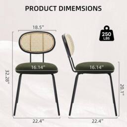 VOGREX Dining Chairs Set of 2 Mid-Century Kitchen Chair w Rattan in Green - thumbnail 2