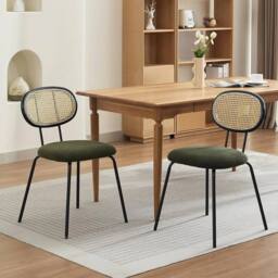 VOGREX Dining Chairs Set of 2 Mid-Century Kitchen Chair w Rattan in Green - thumbnail 1