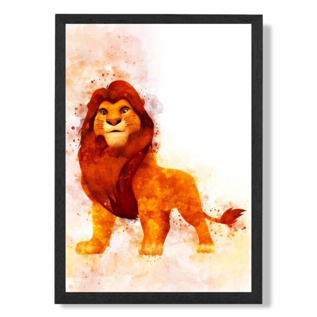 ARTZE Simba Watercolour Lion King Framed Print SIZE: A2 with Black Frame in Orange - Size: A4 - image 1