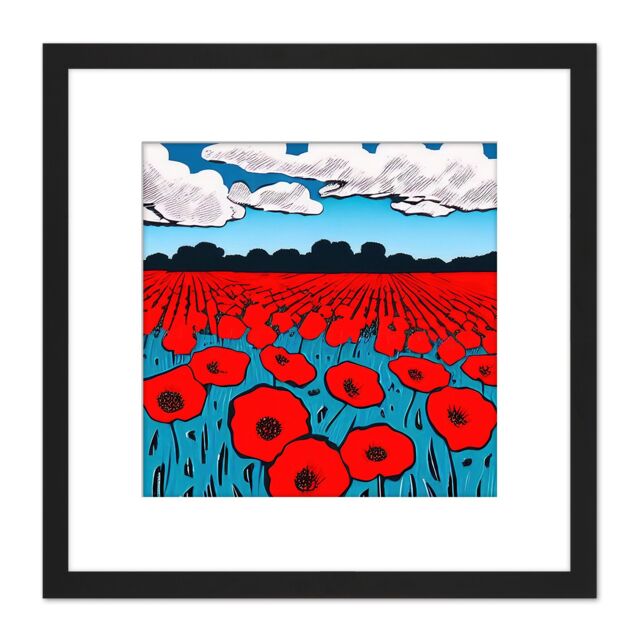 Artery8 Red Poppy Flowers In A Field Of Cerulean Blue Painting Square Wooden Framed Wall Art Print Picture 8X8 Inch in Black - image 1