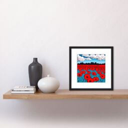 Artery8 Red Poppy Flowers In A Field Of Cerulean Blue Painting Square Wooden Framed Wall Art Print Picture 8X8 Inch in Black - thumbnail 2