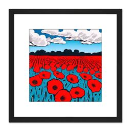 Artery8 Red Poppy Flowers In A Field Of Cerulean Blue Painting Square Wooden Framed Wall Art Print Picture 8X8 Inch in Black - thumbnail 1