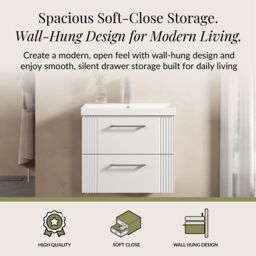 Balterley Wall Hung 2 Drawers Vanity Unit - Thin-Edge Basin 600mm, Satin White - thumbnail 3