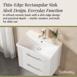 Balterley Wall Hung 2 Drawers Vanity Unit - Thin-Edge Basin 600mm, Satin White - thumbnail 4